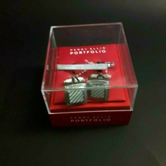 New Perry Ellis Men's Set Silver Cuff-links & Clip - Picture 4 of 8